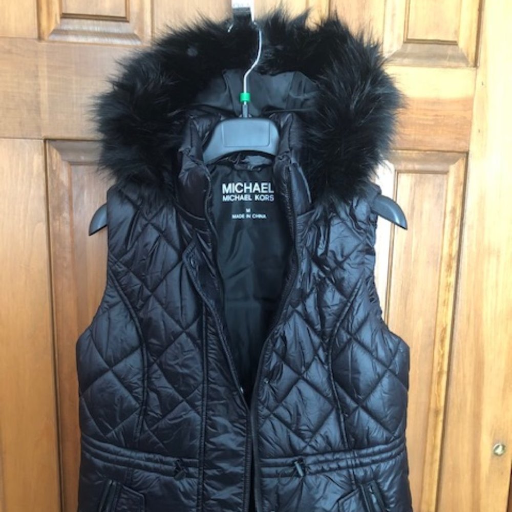 Michael Kors Puffer Vest With Faux Fur Hood